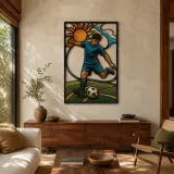 Fußballspieler, der den Ball unter der strahlenden Sonne tritt Farbige Metall-Wandkunst