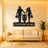 Personalized Helmet Holding Motorcycle Couple Metal Wall Art
