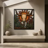 Longhorn Cow Skull with Cactus and Radiant Sun Colorful Metal Wall Art