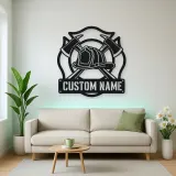 Personalized Firefighter Helmet Metal Wall Art with Crossed Axes