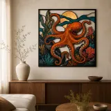 Oranger Oktopus mit Koralle unter Kupfer-Mond Farbige Metall-Wandkunst