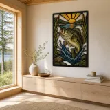 Largemouth Bass Leaping from Lake at Sunrise Colorful Metal Wall Art