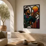 Black Trumpet Player in Mid Century Jazz Scene Colorful Metal Wall Art