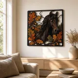 Black Horse with Autumn Oak Leaves Colorful Metal Wall Art
