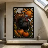 Thanksgiving Turkey with Pumpkins and Corn Colorful Metal Wall Art