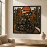 Scrambler Motorcycle on Desert Highway at Sunset Colorful Metal Wall Art