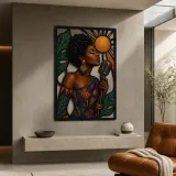 Afro Jazz Singer with Vintage Microphone and Sun Colorful Metal Wall Art