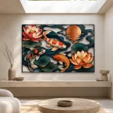Colorful Koi Pond with Lotus Flowers and Moon Metal Wall Art