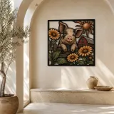 Happy Pig with Daisies and Farmhouse Barn Colorful Metal Wall Art
