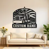 Personalized Tanker Semi Truck American Flag Metal Wall Art