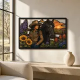 Cowgirl with Black Horse and Mountain Wildflowers Colorful Metal Wall Art