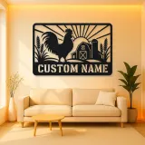 Personalized Rooster Farm Metal Wall Art with Barn Scene