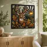 Whitetail Deer with Autumn Oak Leaves and Sunrise Colorful Metal Wall Art