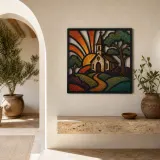 Country Church along Winding Path at Sunrise Colorful Metal Wall Art