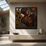 Black Woman Farmer with Tractor and Sunflowers Colorful Metal Wall Art