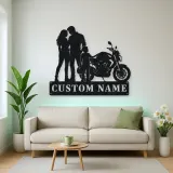 Personalized Motorcycle Family with Helmet Carrying Child Metal Wall Art