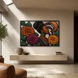 Afro Woman with Colorful Dahlias and Copper Circles Metal Wall Art
