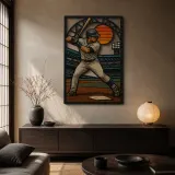 Baseball Batter in Stadium at Sunset Colorful Metal Wall Art