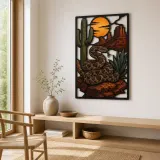 Rattlesnake with Cactus beneath Desert Sunset Colorful Metal Wall Art