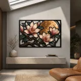 Magnolia Branch with Blossoms and Full Moon Colorful Metal Wall Art