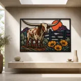 Texas Longhorn with Desert Poppies and Red Sun Colorful Metal Wall Art