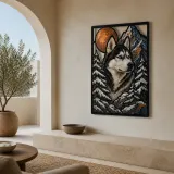 Siberian Husky in Snowy Mountains beneath Moon Colorful Metal Wall Art