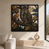 Great Horned Owl with Oak Leaves and Moon Colorful Metal Wall Art