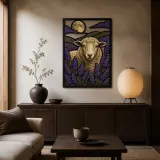 Sheep among Lavender Fields beneath Full Moon Colorful Metal Wall Art