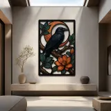 Black Raven on Branch with Crescent Moon Colorful Metal Wall Art