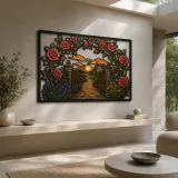 Rose Garden Gate Leading to Country Cottage Colorful Metal Wall Art