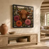 Highland Cow with Dahlias and Rustic Fence Colorful Metal Wall Art