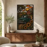 Vintage Pickup Truck neben Scheune und Sonnenblumen Farbige Metall-Wandkunst