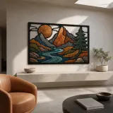 Mid Century Mountain River beneath Copper Moon Colorful Metal Wall Art
