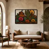 Insegna in metallo colorata con giardino di cactus e fiori selvatici