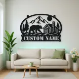 Personalized Bear Cabin Metal Wall Art with Mountain Scene