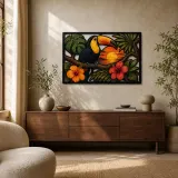 Tucano con Hibiscus Tropicale al Tramonto Insegna in Metallo Colorata