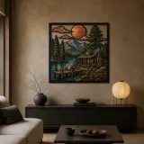 Rustic Log Cabin on Mountain Lake at Sunset Colorful Metal Wall Art