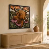 Highland Cow with Pink Coneflowers and Rolling Hills Colorful Metal Wall Art