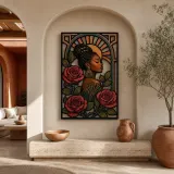 Afro Woman with Red Roses in Art Deco Frame Colorful Metal Wall Decor