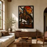 Cowboy de rodéo montant un cheval rétif au coucher du soleil Décoration murale en métal