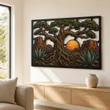 Desert Oak Tree of Life with Agave Sunset Colorful Metal Wall Art