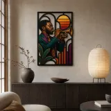 Black Trumpet Player in Mid Century Jazz Scene Colorful Metal Wall Art