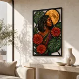Afro Woman with Dahlias and Full Moon Colorful Metal Wall Art