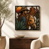 Bunter Cowboy mit Palomino-Pferd bei Sonnenuntergang in der Wüste