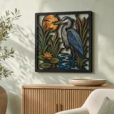 Great Blue Heron in Cattails at Full Moon Colorful Metal Wall Art