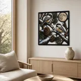 Chickadee Pair on Snowy Pine beneath Full Moon Colorful Metal Wall Art