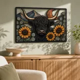 Black Highland Cow with Sunflowers and Copper Moon Colorful Metal Wall Art