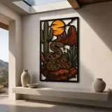 Rattlesnake with Cactus beneath Desert Sunset Colorful Metal Wall Art
