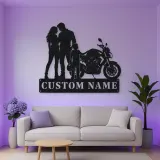 Personalized Motorcycle Family with Helmet Carrying Child Metal Wall Art
