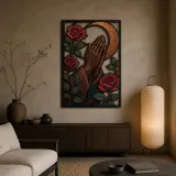 Praying Hands with Red Roses and Crescent Moon Colorful Metal Wall Art